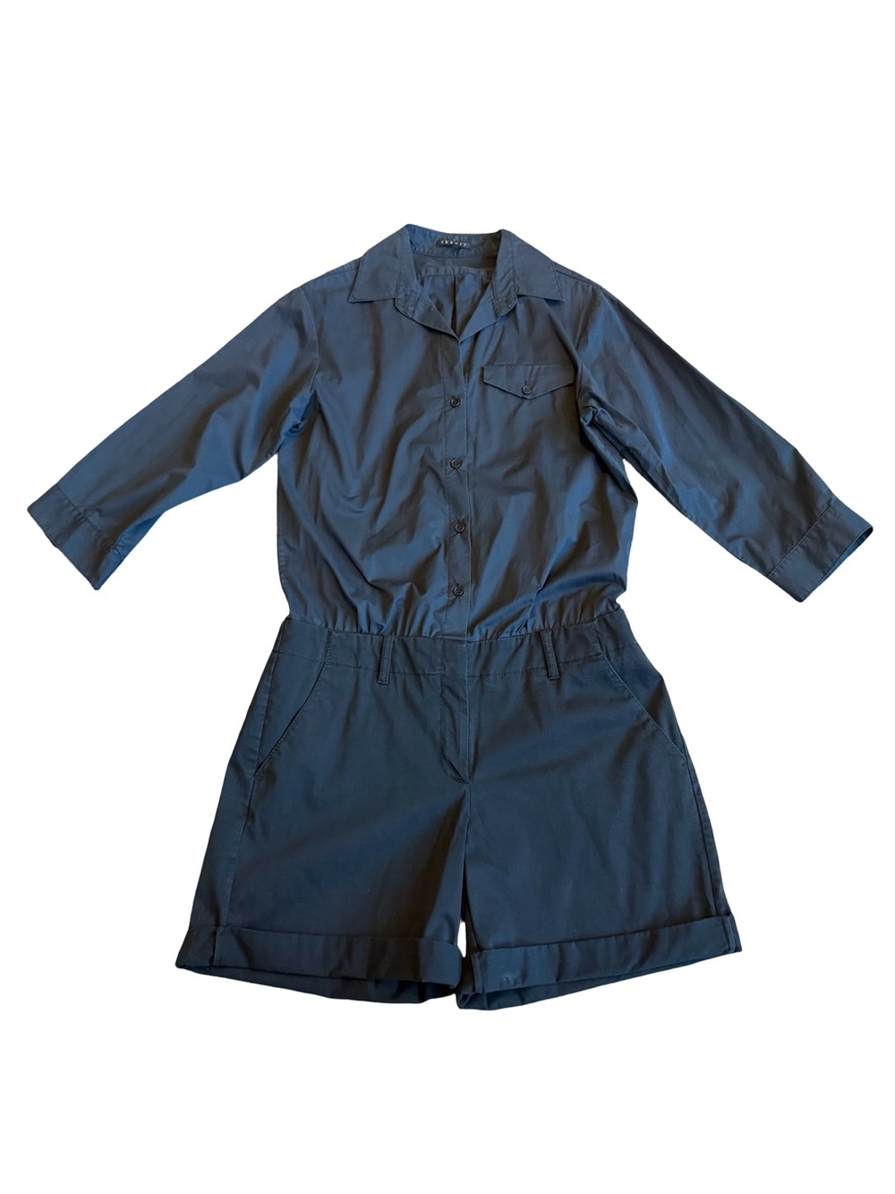 Theory Black Long Sleeve Romper Shorts Button-Down Stretch Cotton Size 4 Women's